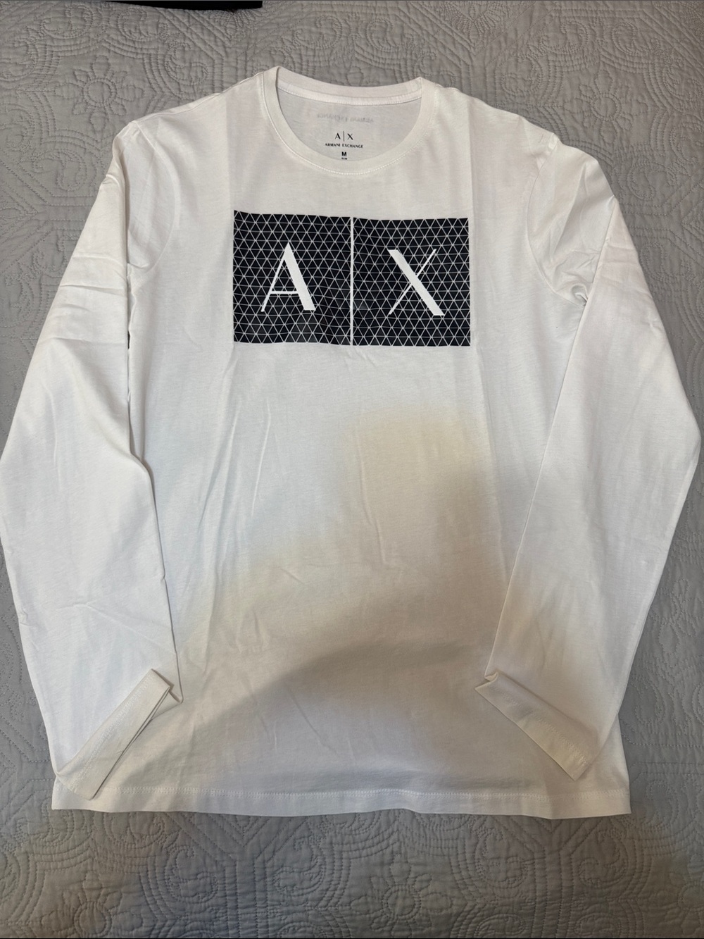 Armani Exchange White Long-Sleeve Tee with Black AX Logo Panel